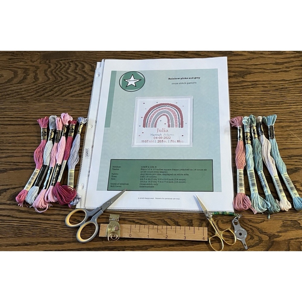2023 Happinesst Rainbow Pink & Gray Baby Cross Stitch Pattern DMC Floss Scissors